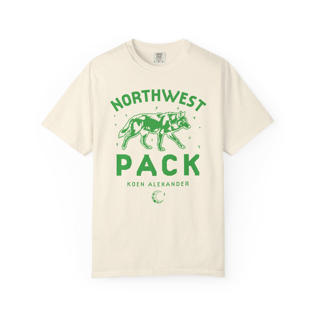Cream unisex Comfort Colors tee with green Northwest Pack running wolf graphic and Koen Alexander text, by Thtgrlreads for Ali Hazelwood licensed bookish apparel
