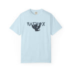 A light blue Comfort Colors graphic tee from thtgrlreads featuring a vintage wash and a whimsical black bird with spread wings centered between bold "Raivox" text, part of The Eating Woods collection.