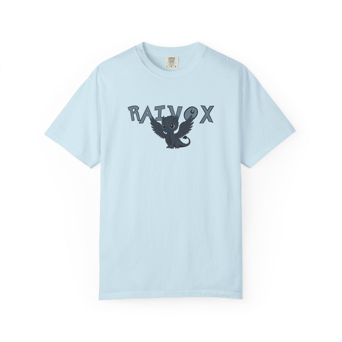 A light blue Comfort Colors graphic tee from thtgrlreads featuring a vintage wash and a whimsical black bird with spread wings centered between bold "Raivox" text, part of The Eating Woods collection.