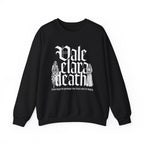Black oversized crewneck sweatshirt from thtgrlreads featuring gothic script text and illustrated figures, part of the Liv Zander and Crewnecks collections.