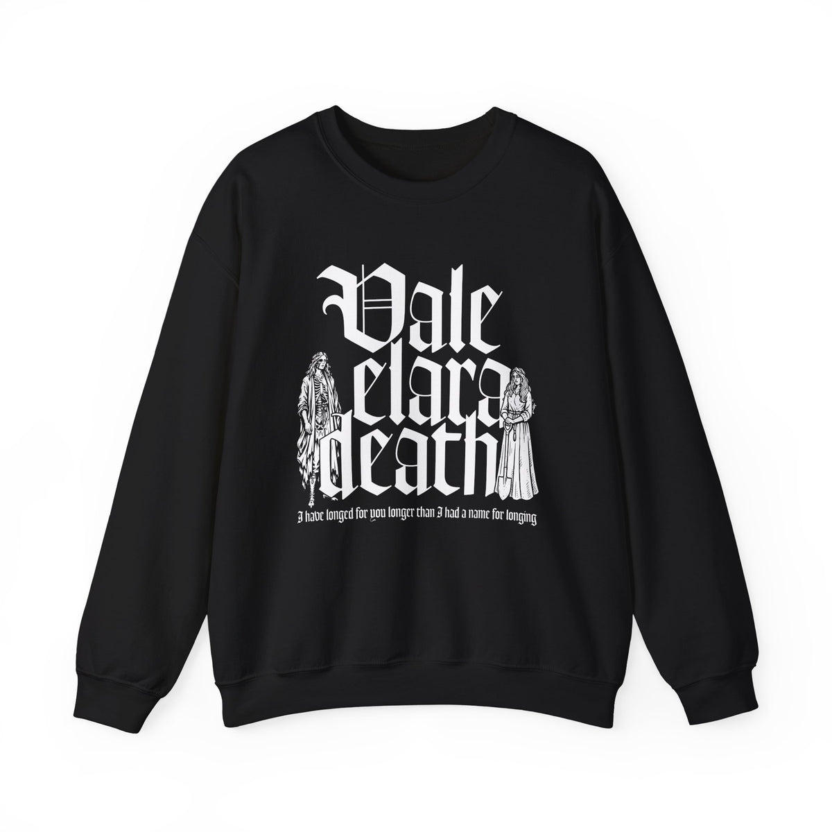 Black oversized crewneck sweatshirt from thtgrlreads featuring gothic script text and illustrated figures, part of the Liv Zander and Crewnecks collections.