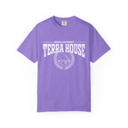 Zodiac Academy-themed Comfort Colors graphic tee from thtgrlreads featuring vintage-wash lavender fabric and bold white collegiate-style "Terra House" print in a back-to-school inspired design.