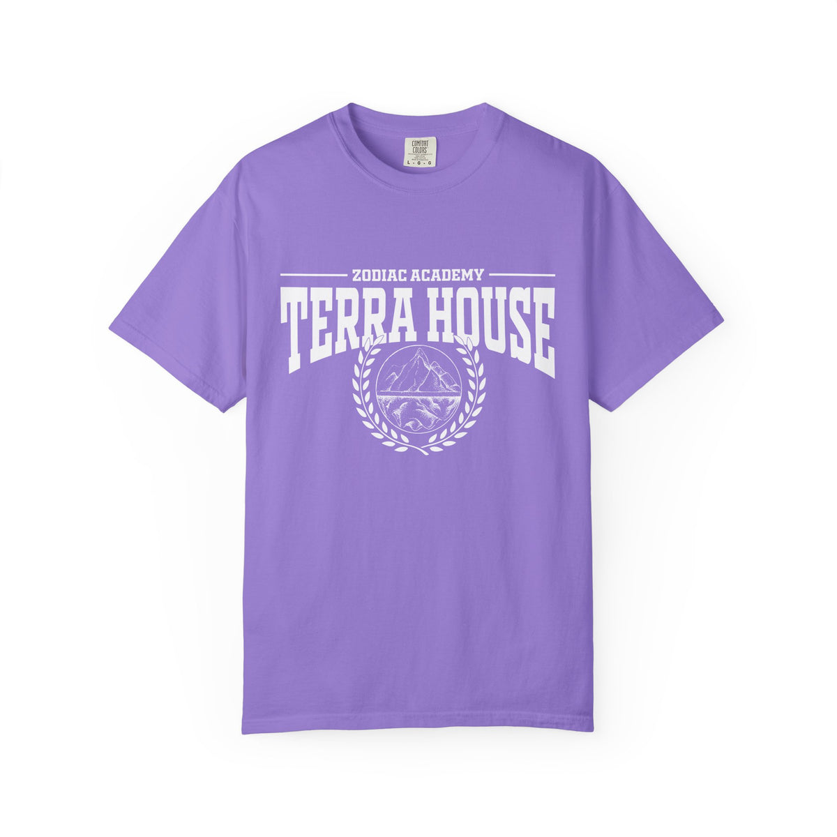 Zodiac Academy-themed Comfort Colors graphic tee from thtgrlreads featuring vintage-wash lavender fabric and bold white collegiate-style "Terra House" print in a back-to-school inspired design.