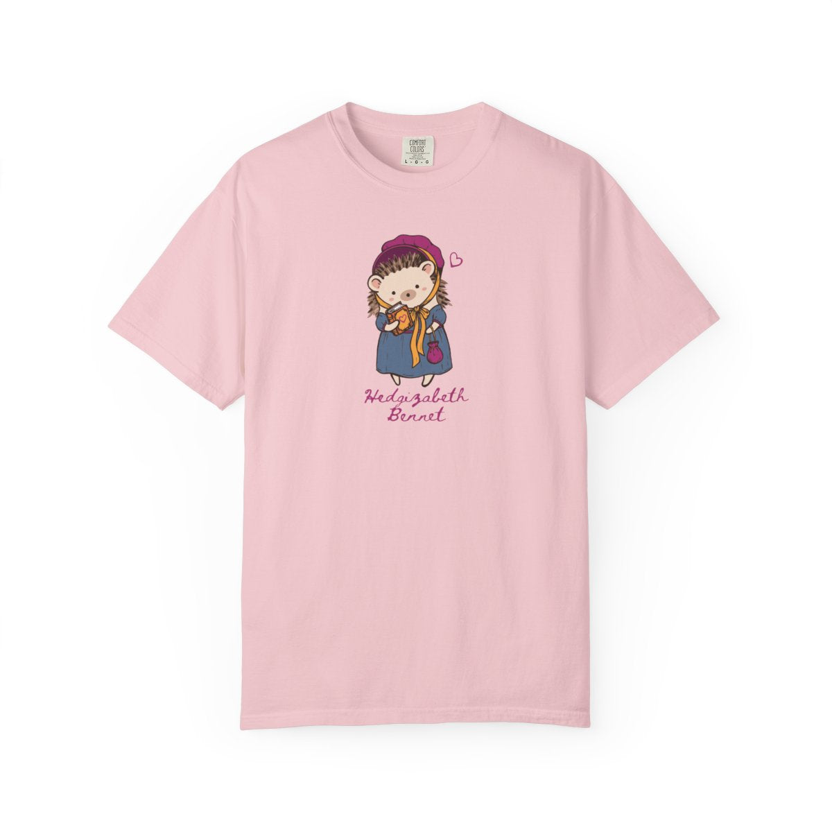 Pink Comfort Colors graphic tee featuring an illustrated Hedgizabeth Bennet hedgehog and lettering, Ali Hazelwood merch from Thtgrlreads.