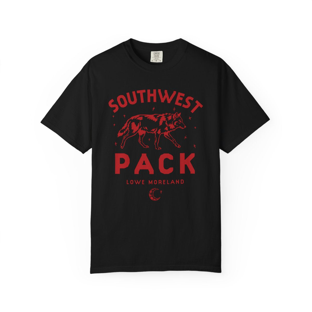 Black Comfort Colors graphic tee with red Southwest Pack lettering, wolf artwork, and Lowe Moreland text from Ali Hazelwood Bride merch by Thtgrlreads