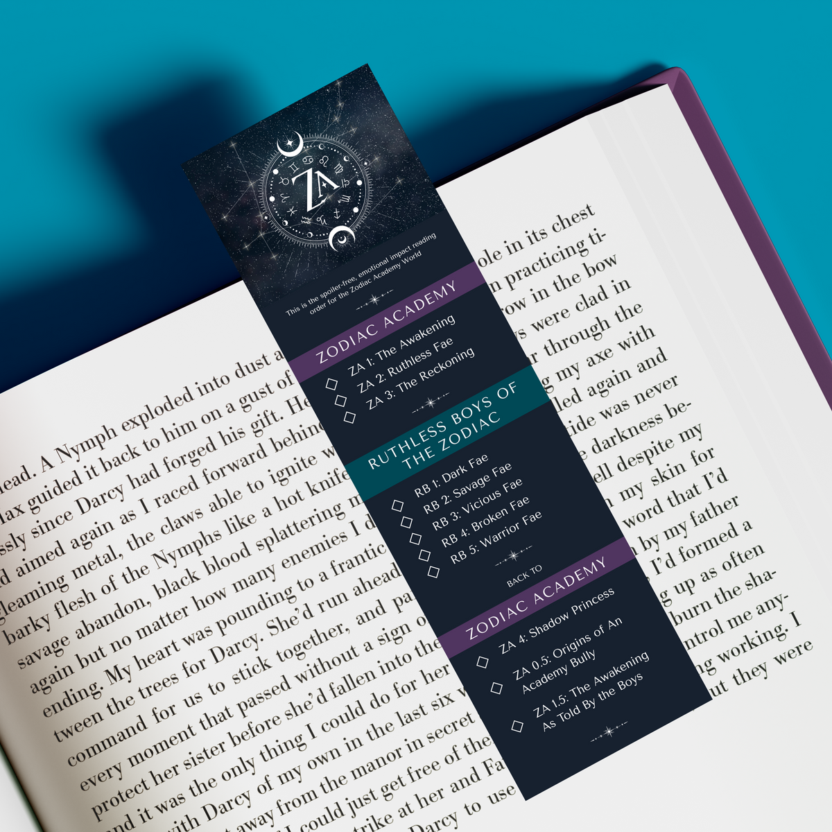 Bookmark from the Zodiac Academy collection by thtgrlreads featuring a celestial design with a reading order checklist for the Zodiac Academy and Ruthless Boys of the Zodiac books, styled in elegant fonts and a dark starry background.