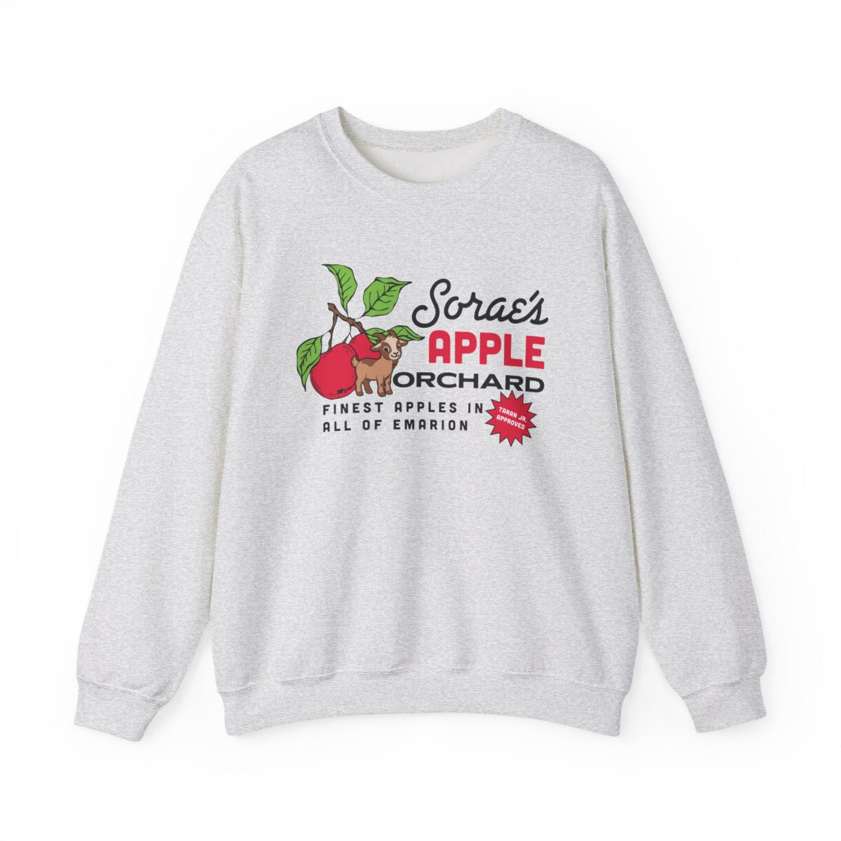 Kindred's Curse Saga crewneck by thtgrlreads featuring a vintage-washed, light gray Comfort Colors oversized sweatshirt with a colorful apple orchard graphic and bold text.