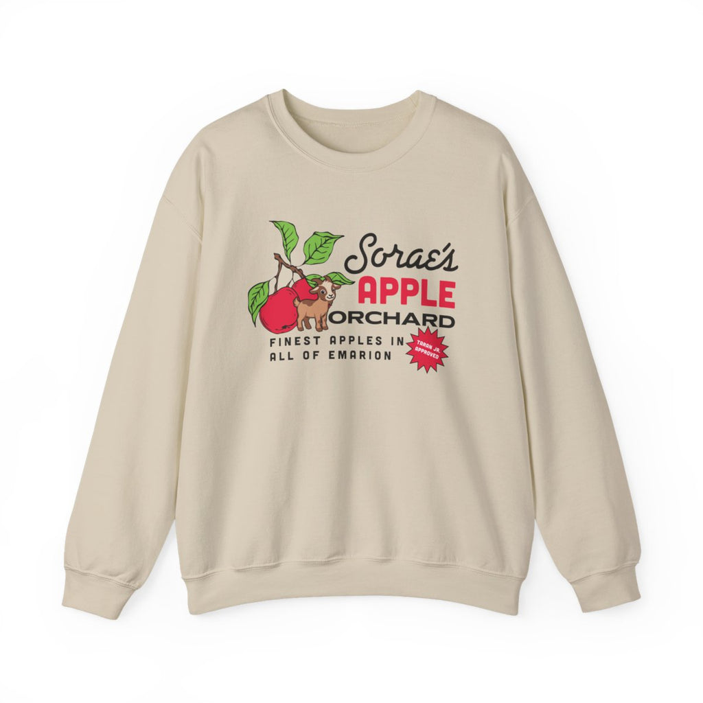 thtgrlreads oversized crewneck sweatshirt featuring a vintage-style graphic of a branch with apples and text referencing Sorae’s Apple Orchard in Emarion, printed on a soft cream Comfort Colors base.